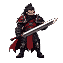 guerrero imponente pixel art, armadura roja y negra, inspirado en fantasía oscura y jrpg. cabello largo negro, expresión fiera y porta una gran espada a dos manos. usa una capa rasgada por las batalla