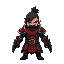 "un guerrero imponente de estilo pixel art con armadura roja y negra, inspirado en un diseño de fantasía oscura. tiene el cabello y la barba negros y desordenados, con una expresión fiera