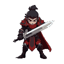 guerrero imponente pixel art, armadura roja y negra, inspirado en fantasía oscura y jrpg. cabello largo negro, expresión fiera y porta una gran espada a dos manos
