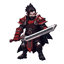 guerrero imponente pixel art, armadura roja y negra, inspirado en fantasía oscura y jrpg. cabello largo negro, expresión fiera y porta una gran espada a dos manos. usa una capa rasgada por las batalla
