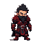 "un guerrero imponente de estilo pixel art con armadura roja y negra, inspirado en un diseño de fantasía oscura. tiene el cabello y la barba negros y desordenados, con una expresión fiera