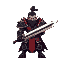 guerrero imponente pixel art, armadura roja y negra, inspirado en fantasía oscura y jrpg. cabello y barba negros, expresión fiera y porta una gran espada a dos manos