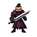 guerrero imponente pixel art, armadura roja y negra, inspirado en fantasía oscura y jrpg. cabello y corta barba negros, expresión fiera y porta una gran espada a dos manos