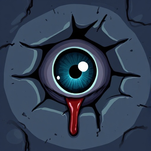 an eye looking at me through a hole in the wall, the eye is tearing a little blood, pixelated , ugly, creepy 