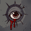 an eye looking at me through a hole in the wall, the eye is tearing a little blood, pixelated , ugly, creepy 