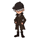 brooding supernatural sherlock holmes style character. character has white hair mostly hidden beneath a dark cap or hat. wearing brown victorian-era clothing