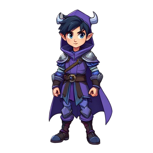 guerreiro mago, usando roupas lílas com detalhes em azul, cabelo pretos, chapéu de mago metalizado