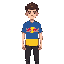 a young man with short brown hair and light skin, a blue soccer t-shirt with a red bull logo in the center and some yellow stripes at the bottom of the jersey, black jeans pants, pixel-art style.