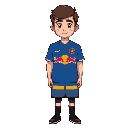 a young man with short brown hair and light skin, a blue soccer jersey with a red bull logo in the center and some yellow stripes at the bottom of the jersey, black pants, pixel-art style.