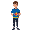 a man with short brown hair and light skin, a blue soccer t-shirt with a red bull logo in the center and some yellow stripes at the bottom of the jersey, black jean and shoes, , pixel-art style.