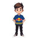 a young man with short brown hair and light skin, a blue soccer t-shirt with a red bull logo in the center and some yellow stripes at the bottom of the jersey, black jean and shoes, , pixel-art style.