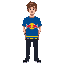 a young man with short brown hair and light skin, a blue soccer t-shirt with a red bull logo in the center and some yellow stripes at the bottom of the jersey, black jean and shoes, , pixel-art style.