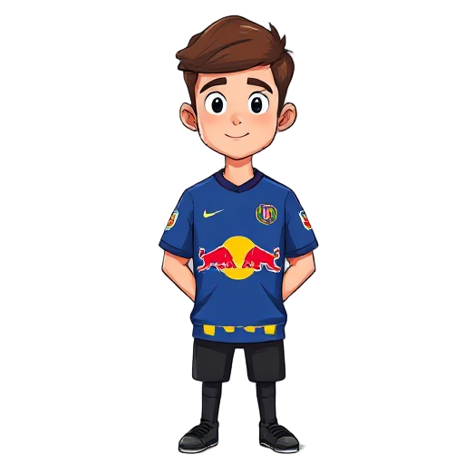 a young man with short brown hair and light skin, a blue soccer jersey with a red bull logo in the center and some yellow stripes at the bottom of the jersey, black pants.
