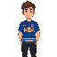 a young man with short brown hair and light skin, a blue soccer t-shirt with a red bull logo in the center and some yellow stripes at the bottom of the jersey, black jeans pants, pixel-art style.