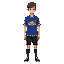 a young man with short brown hair and light skin, a blue soccer jersey with a red bull logo in the center and some yellow stripes at the bottom of the jersey, black pants, pixel-art style.