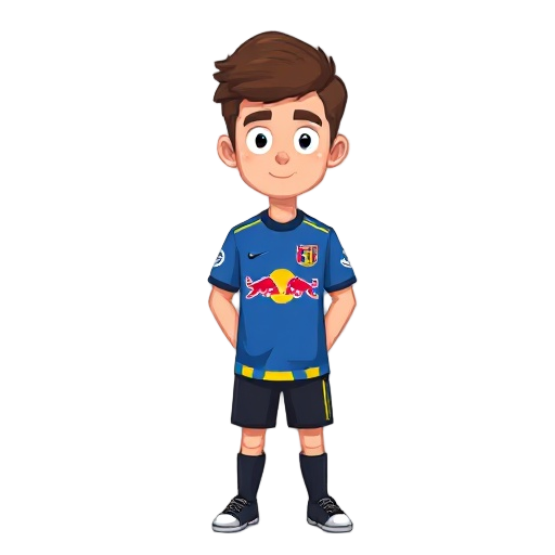 a young man with short brown hair and light skin, a blue soccer jersey with a red bull logo in the center and some yellow stripes at the bottom of the jersey, black pants, pixel-art style.