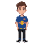 a young man with short brown hair and light skin, a blue soccer t-shirt with a red bull logo in the center and some yellow stripes at the bottom of the jersey, black jean and shoes, , pixel-art style.