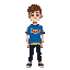 a young man with short brown hair and light skin, a blue soccer t-shirt with a red bull logo in the center and some yellow stripes at the bottom of the jersey, black jean and shoes, , pixel-art style.