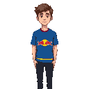a young man with short brown hair and light skin, a blue soccer t-shirt with a red bull logo in the center and some yellow stripes at the bottom of the jersey, black jeans pants, pixel-art style.