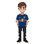 a young man with short brown hair and light skin, a blue soccer t-shirt with a red bull logo in the center and some yellow stripes at the bottom of the jersey, black jean and shoes, , pixel-art style.