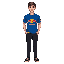 a young man with short brown hair and light skin, a blue soccer t-shirt with a red bull logo in the center and some yellow stripes at the bottom of the jersey, black jean and shoes, , pixel-art style.