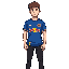 a young man with short brown hair and light skin, a blue soccer t-shirt with a red bull logo in the center and some yellow stripes at the bottom of the jersey, black jeans pants, pixel-art style.