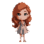 long auburn hair that falls in soft waves, piercing blue eyes, and fair skin with a rosy tint. petite yet elegant, often wearing a flowy dress and a charm necklace that catches the light.