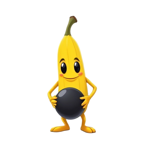 a banane with a face, arms and legs holding a bomb