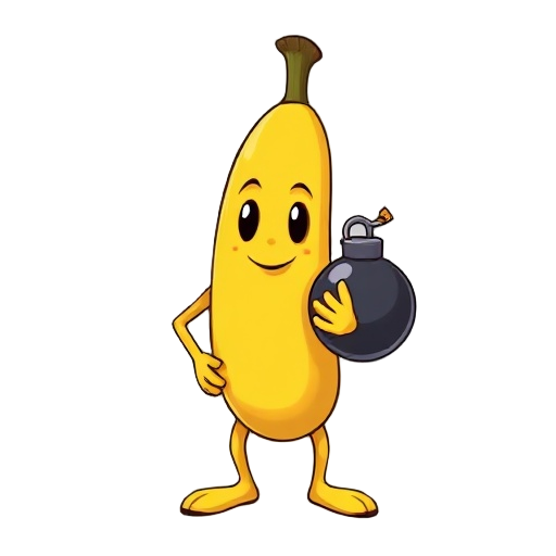 a banane with a face, arms and legs holding a bomb