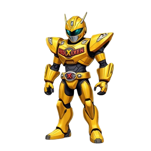 a gold robotic power ranger with a godzilla on its chestplate and it says robotixen 