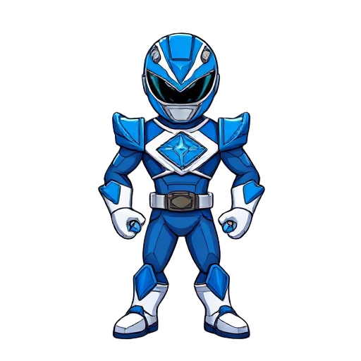 a blue power ranger with a crane on its chestplate and it says blue crane 