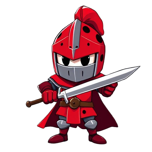 a red knight with black spots that is posing like a knight is gonna hit something with a sword 