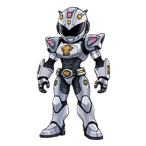 a female silver robotic power ranger with a king kong on its chestplate and it says robotizielle