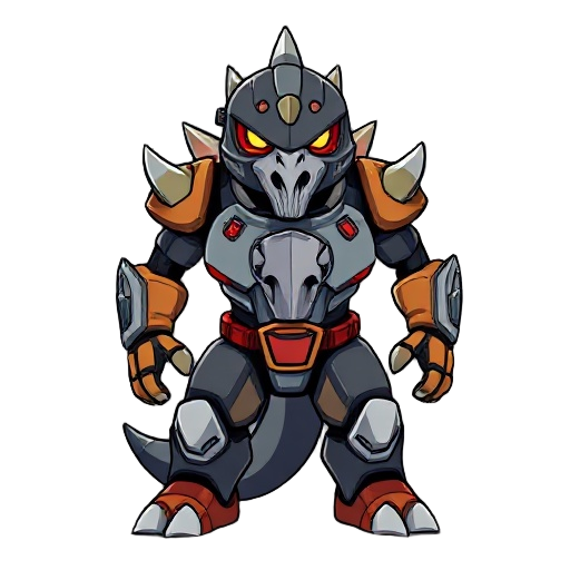 a godzilla animal power ranger human robot with a spiky grey skull on its chestplate and it says gammenio