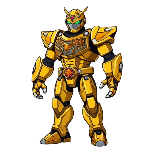 a tall strong bronze robotic power ranger with a tyranosaurus on its chestplate and it says robotanezin