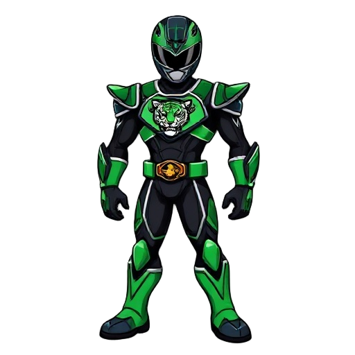 a black & green colored power ranger with a tiger on its chestplate and it says green tiger 