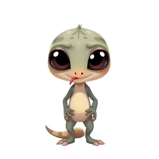 it maintains its human form, but with visible gecko characteristics: skin with subtle chevron patterns and a smooth texture, large, dark eyes without lids (cleaning them with its tongue)