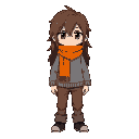 grey sweater, brown pants, long fluffy brown hairs and an orange scarf deltarune design also ligned eyes with no colors