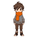 grey sweater, brown pants, fluffy brown hairs and an orange scarf deltarune design 