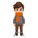 grey sweater, brown pants, fluffy brown hairs and an orange scarf