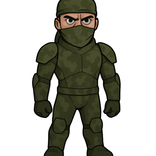 armor: streamlined forest-camouflage hunter armor with subtle digital hex patterns. minimalist, matte finish to reduce visibility.  face & bandana: humanoid face with a chiseled jaw and intense eyes.