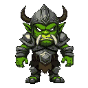 evil green orc with shiny plate armor and helmet, his head and body are proportional to each other, without any tusks on his head. 
