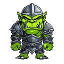 evil green orc with shiny plate armor and helmet, his head and body are proportional to each other, without any tusks on his head. 