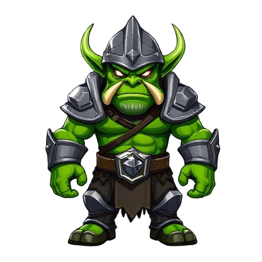 evil green orc with shiny plate armor and helmet, his head and body are proportional to each other, without any tusks on his head. 
