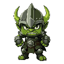 angry green orc with shiny plate armor and helmet