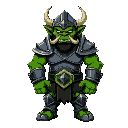evil green orc with shiny plate armor and helmet, his head and body are proportional to each other, without any tusks on his head. 