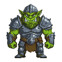 evil green orc with shiny plate armor and helmet, his head and body are proportional to each other, without any tusks on his head. 