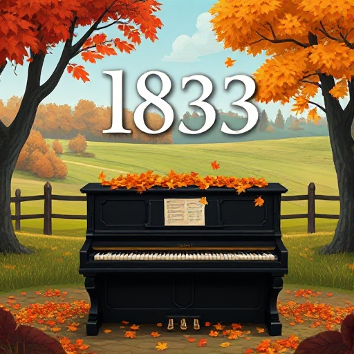 a title screen for a narrative drama game called 1883. set in 1883, it's set in the french countryside, with autumn colors. there's a black piano with autumn leaves falling on it.
