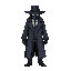 a mysterious, masked figure in a long dark trench coat, fedora hat, gloves, and a tie. style should match the expressive and clean pixel work of celeste and towerfall