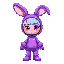 wearing a shiny purple bunny costume with large floppy ears. the outfit is glossy with curved highlights, oversized round sleeves, and a short matching skirt. the character has short light-blue hair, large expressive eyes, and a neutral facial expression.